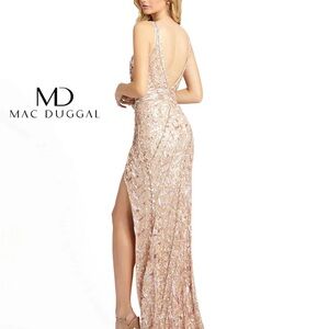 Mac Duggal Rose Gold Sequin Evening Dress with High Slit